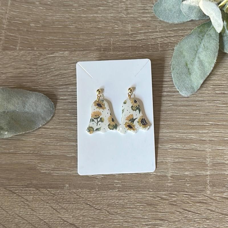 Sunflower Ghostie Earrings Handmade Polymer Clay Spooky Cute Hypoallergenic Hooks One-of-a-Kind Fall Jewelry