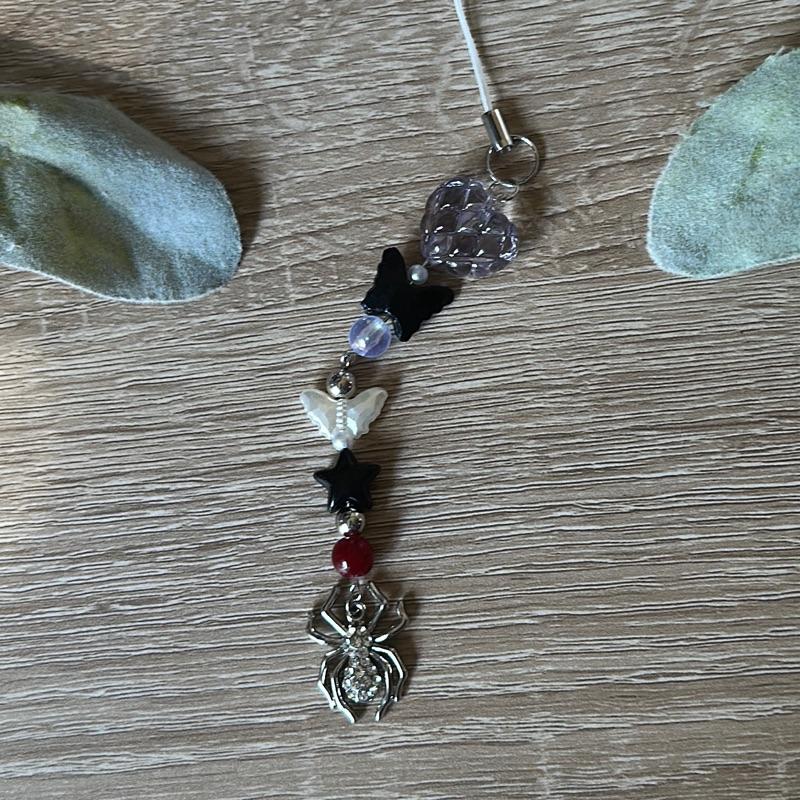 Halloween Spider Phone Charm - Handmade Beaded Enamel Spider Charm with Orange Heart Clasp & Durable Loop Strap for Halloween Lovers