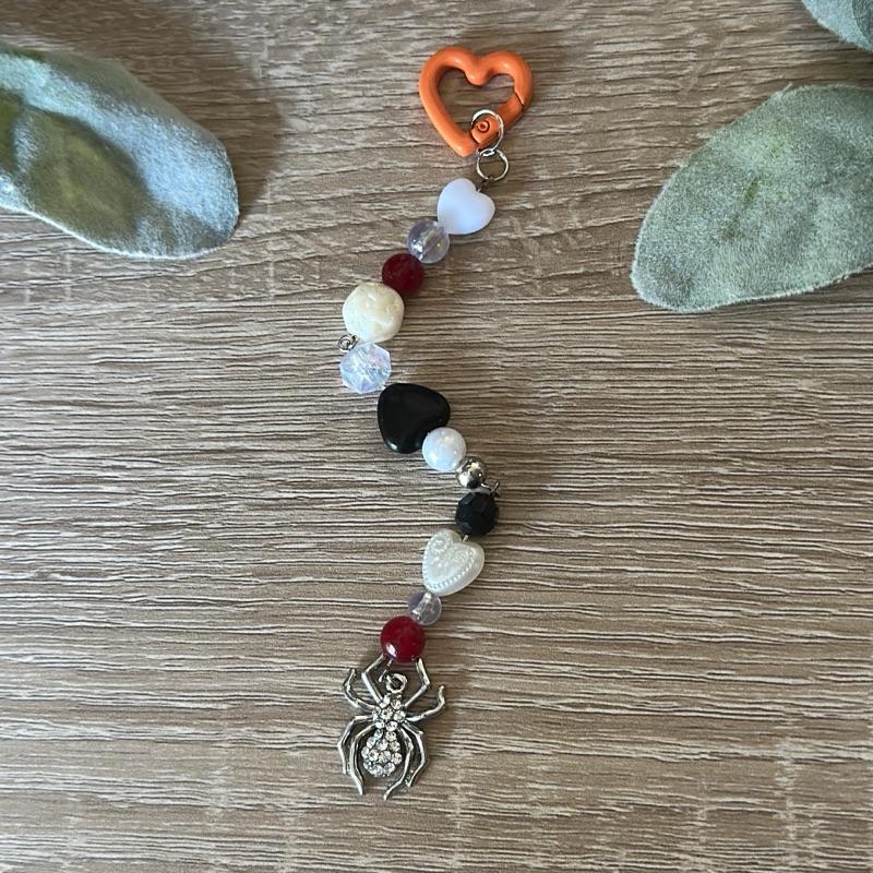 Spooky Spider Charm Keychain Handmade Beaded Keychain with Shiny Enamel Spider Charm and Orange Heart Clasp Perfect for Halloween Aesthetic Fans