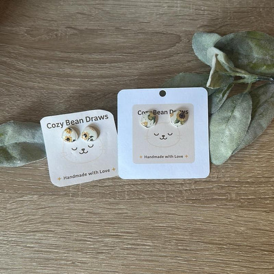 Cozy Bean Draws Sunflower Clay Stud Earrings Handmade Polymer Clay with Resin Gloss Circle & Hexagon Shapes Hypoallergenic Posts Lightweight Durable One-of-a-Kind Jewelry for Flower Lovers