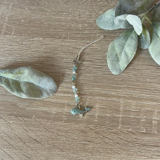 Cute Whale Beaded Phone Charm with Aquamarine Beads and Secure Ring for Easy Attachment