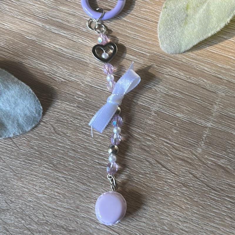 Kawaii Purple Macaroon & White Bow Keychain Handmade Beaded Charm with Durable Metal Hardware and Glossy Finish for Sweet Treat Lovers