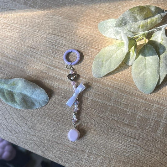 Kawaii Purple Macaroon & White Bow Keychain Handmade Beaded Charm with Durable Metal Hardware and Glossy Finish for Sweet Treat Lovers