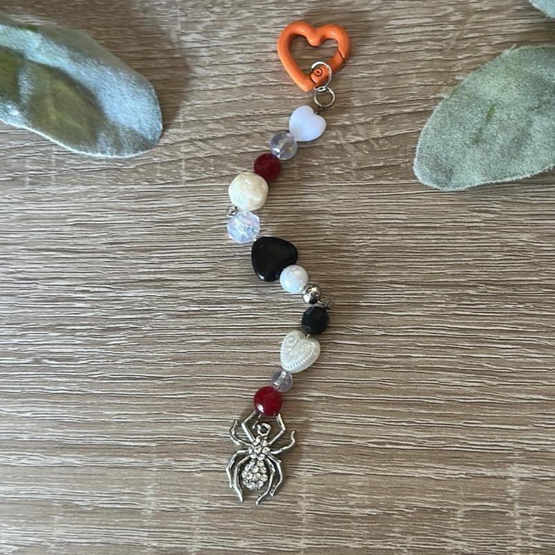 Spooky Spider Charm Keychain Handmade Beaded Keychain with Shiny Enamel Spider Charm and Orange Heart Clasp Perfect for Halloween Aesthetic Fans
