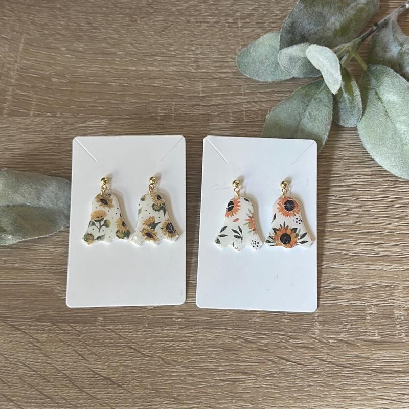 Sunflower Ghostie Earrings Handmade Polymer Clay Spooky Cute Hypoallergenic Hooks One-of-a-Kind Fall Jewelry