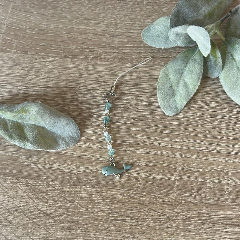Cute Whale Beaded Phone Charm with Aquamarine Beads and Secure Ring for Easy Attachment