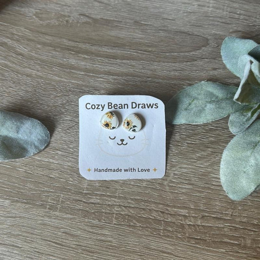 Cozy Bean Draws Sunflower Clay Stud Earrings Handmade Polymer Clay with Resin Gloss Circle & Hexagon Shapes Hypoallergenic Posts Lightweight Durable One-of-a-Kind Jewelry for Flower Lovers